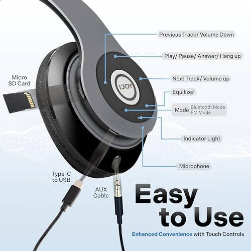 iJoy Bluetooth Headphones Over Ear, Wireless and Wired Foldable Headset Built-in Microphone - (Stealth) Adults Kids Men Women - Audifonos Auriculares Inalambricos - 4