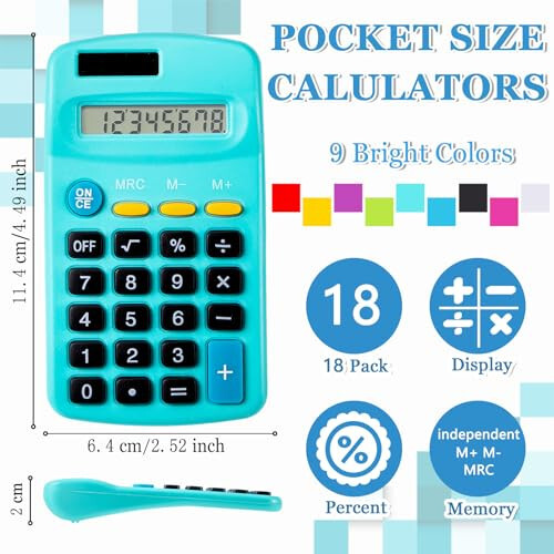 IJRPLM 18 мини-калькуляторов, карманные базовые калькуляторы, калькулятор с двойным питанием от солнечной батареи и батареи, 8-разрядные карманные калькуляторы для студентов, детей, школы, дома и офиса (9 цветов) - 2
