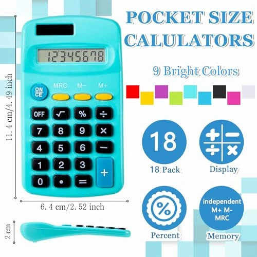 IJRPLM 18 Pack Mini Calculators,Pocket Size Basic Calculators,Solar Battery Dual Power Function Calculator,8 Digit Display Handheld Calculators Bulk for Students Kids School Home Office(9 Colors) - IJRPLM (1)