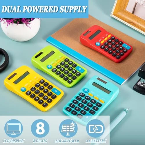 IJRPLM 18 Pack Mini Calculators,Pocket Size Basic Calculators,Solar Battery Dual Power Function Calculator,8 Digit Display Handheld Calculators Bulk for Students Kids School Home Office(9 Colors) - 4
