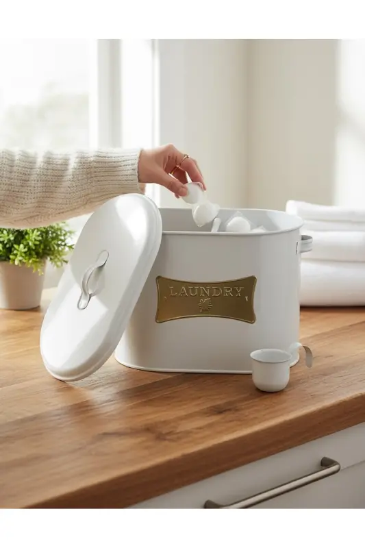 Iki Bölmeli Ölçekli Metal Plaka Baskılı Toz Deterjanlık Lr041-BEYAZ - LAUNDRY