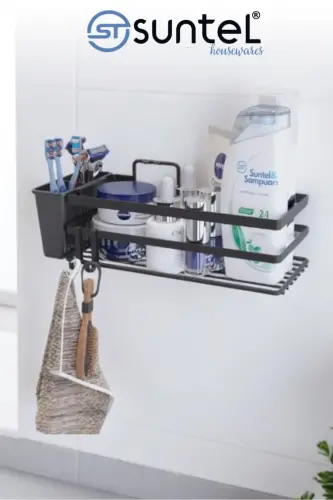2 Gözlü Yapışkanlı Banyo Organizer - Şampuanlık - SİYAH - 2