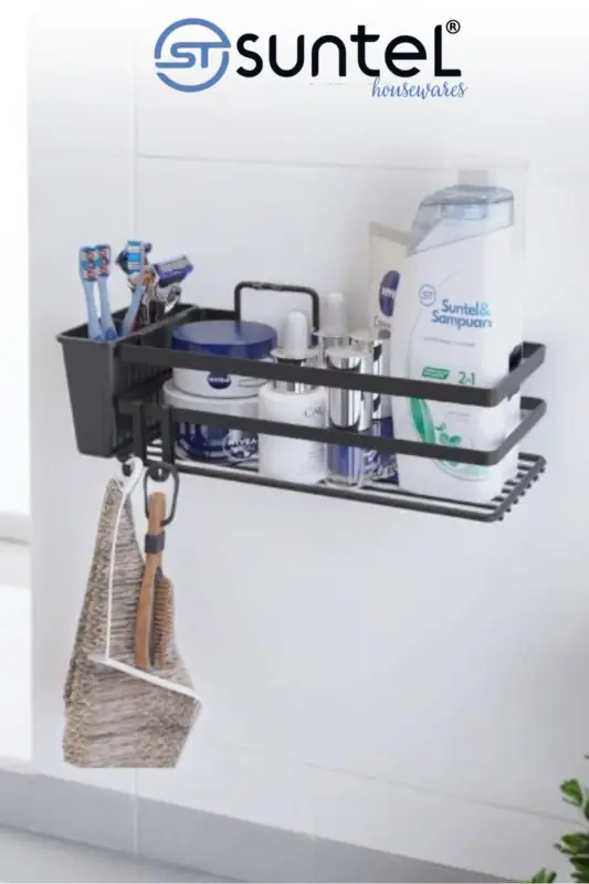 2 Gözlü Yapışkanlı Banyo Organizer - Şampuanlık - SİYAH - 2