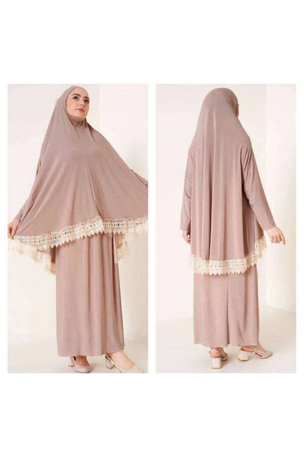Kadın Yazlık İki Parça Terletmeyen Dökümlü Ferace Namaz Elbisesi Krem-Krem - 1