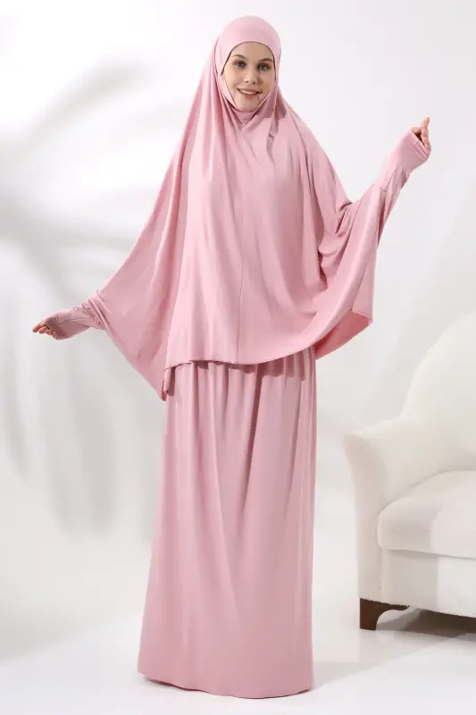 İki Parça Pratik Namaz Elbisesi 8016 Pembe - Pembe - 3