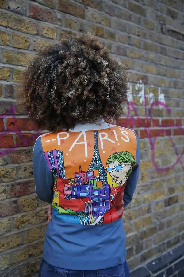 Ikigai Parij shaharining ko'k bosma bilan nolli yoqali fermuarlı ayollar charm kurtkasi - 5