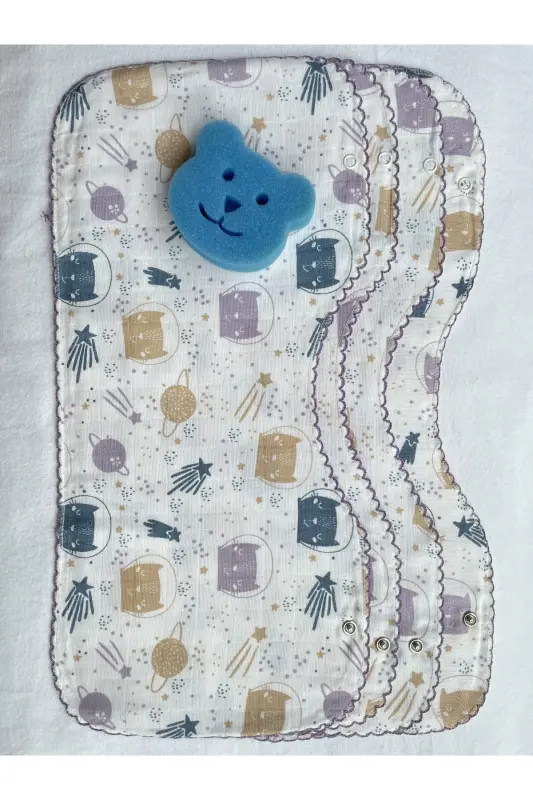 İkili Müslin Çift Katlı Çıtçıtlı Mama Önlüğü / Omuz Örtüsü & Banyo Süngeri-MAVİ MOR KEDİLER - 2