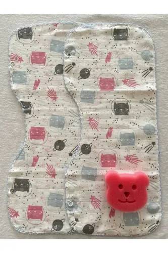 İkili Müslin Çift Katlı Çıtçıtlı Mama Önlüğü / Omuz Örtüsü & Banyo Süngeri - PEMBE KEDİ 