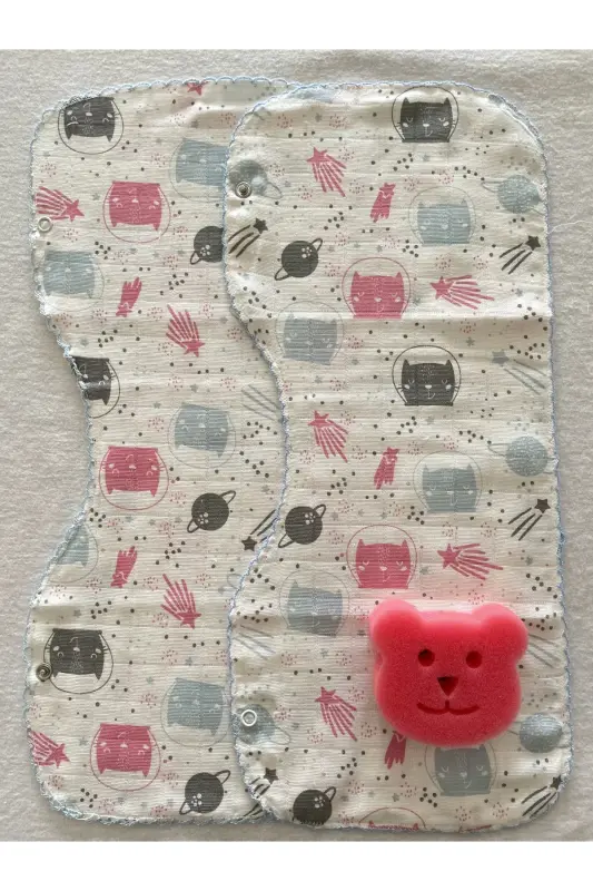 İkili Müslin Çift Katlı Çıtçıtlı Mama Önlüğü / Omuz Örtüsü & Banyo Süngeri-PEMBE KEDİ - MASALBABY
