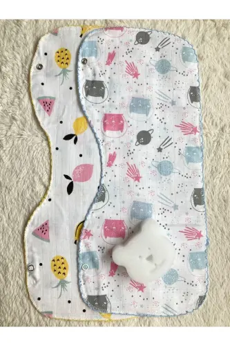 İkili Müslin Çift Katlı Çıtçıtlı Mama Önlüğü/Omuz Örtüsü & Banyo Süngeri - BEYAZ SÜNGER-ANANAS - MASALBABY (1)