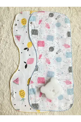 İkili Müslin Çift Katlı Çıtçıtlı Mama Önlüğü/Omuz Örtüsü & Banyo Süngeri - BEYAZ SÜNGER-ANANAS - 1