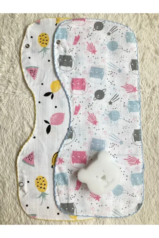 İkili Müslin Çift Katlı Çıtçıtlı Mama Önlüğü/Omuz Örtüsü & Banyo Süngeri - BEYAZ SÜNGER-ANANAS - 2