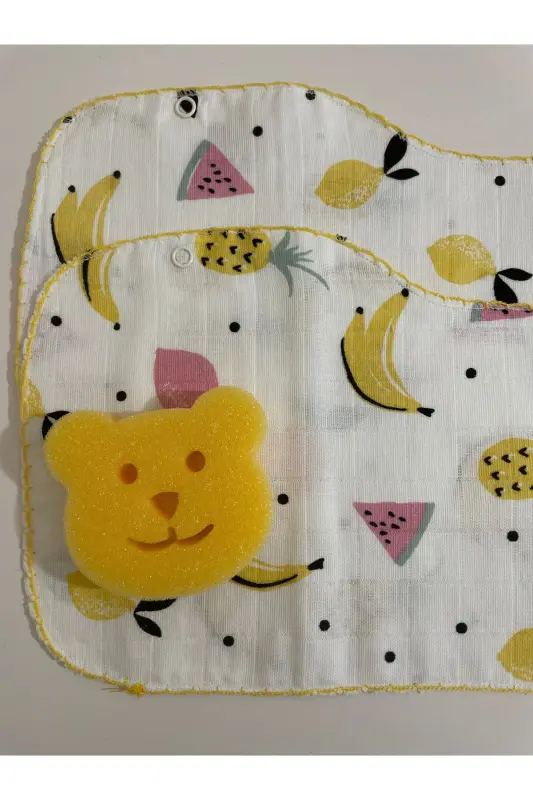 Ikili Müslin Çift Katlı Çıtçıtlı Mama Önlüğü/omuz Örtüsü & Banyo Süngeri - PEMBE SARI MEYVELİ - MASALBABY