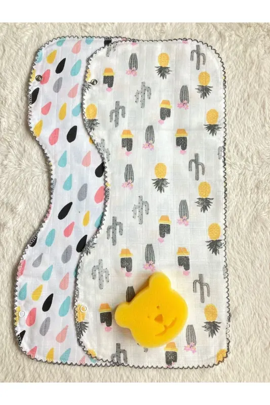Ikili Müslin Çift Katlı Çıtçıtlı Mama Önlüğü/omuz Örtüsü & Banyo Süngeri - SARI SÜNGER-DAMLA - MASALBABY
