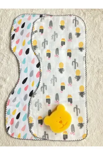 Ikili Müslin Çift Katlı Çıtçıtlı Mama Önlüğü/omuz Örtüsü & Banyo Süngeri - SARI SÜNGER-DAMLA - 1