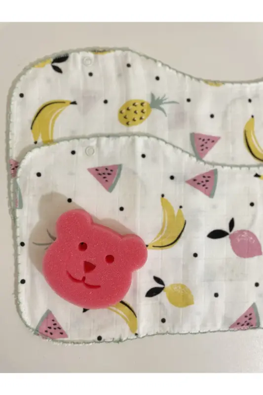 Ikili Müslin Çift Katlı Çıtçıtlı Mama Önlüğü/omuz Örtüsü & Banyo Süngeri - SARI SÜNGER-KARPUZ - 1