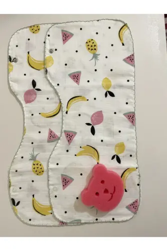 Ikili Müslin Çift Katlı Çıtçıtlı Mama Önlüğü/omuz Örtüsü & Banyo Süngeri - SARI SÜNGER-KARPUZ - MASALBABY (1)