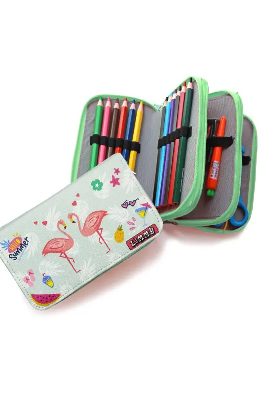 Ikki Flamingo naqshli modeler qalam qutisi qalam quti Vegan teri uch bo'linmali qalamdon - Yashil-Fla - 4