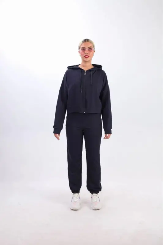 Ikki Iplik Kapüşonlu Fermuarlı Crop Oversize Hırka Takım- Lacivert - 2