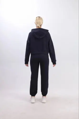 Ikki Iplik Kapüşonlu Fermuarlı Crop Oversize Hırka Takım- Lacivert - 4