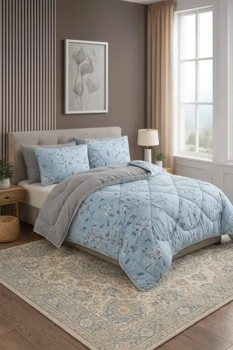 Ikki kishilik Welsoft Puffy uxlash to'plami (Elastik choyshabli) Moviy Etnic - 1