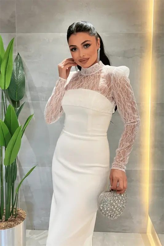 Ikki qavatli matoli, yelkasi ochiq, dantelli bolero detallik ko'ylak - OQ - 2