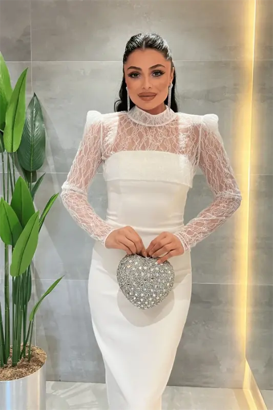 Ikki qavatli matoli, yelkasi ochiq, dantelli bolero detallik ko'ylak - OQ - 3