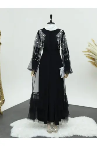Ikki qismli, yenglari marjonli toshlar bilan bezatilgan Abaya to'plami - 6