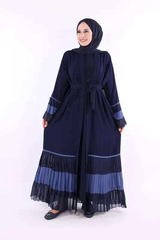 Ikki rangli belbog‘li, burmali abaya 7454 ko‘k rang - BYM FASHION