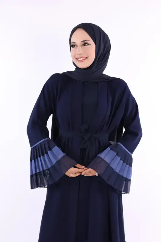 Ikki rangli belbog‘li, burmali abaya 7454 ko‘k rang - 4