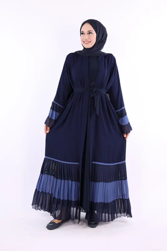 Ikki rangli belbog‘li, burmali abaya 7454 ko‘k rang - BYM FASHION