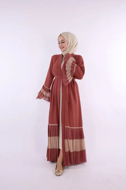 Ikki rangli kamarli belbog'li burmali abaya 7454 Gul kurusi - 1