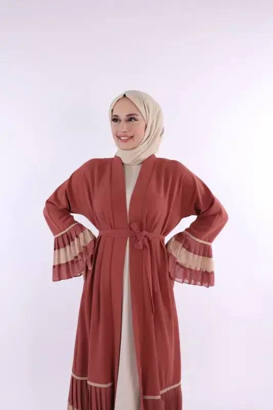 Ikki rangli kamarli belbog'li burmali abaya 7454 Gul kurusi - 2