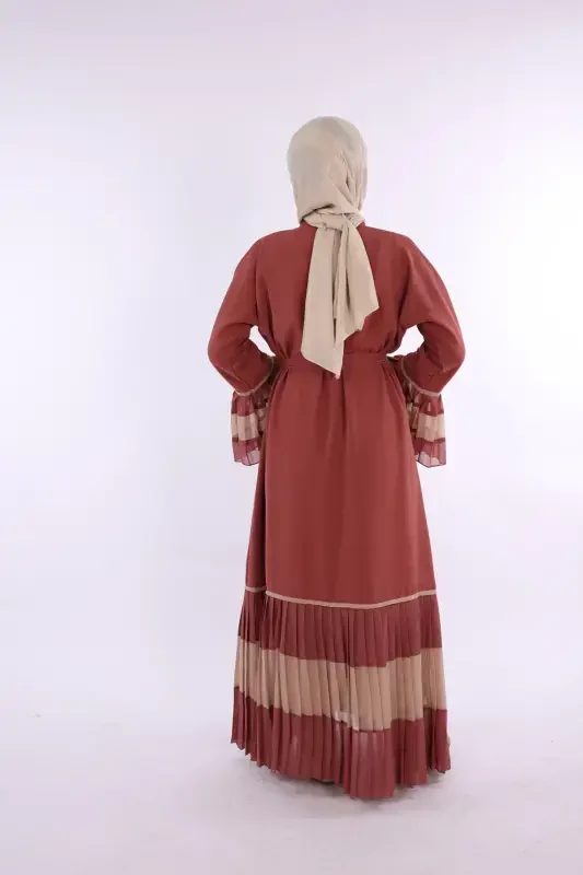 Ikki rangli kamarli belbog'li burmali abaya 7454 Gul kurusi - 4