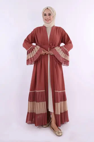 Ikki rangli kamarli belbog'li burmali abaya 7454 Gul kurusi 