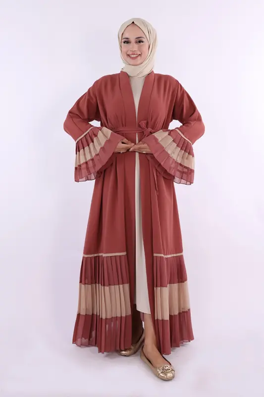 Ikki rangli kamarli belbog'li burmali abaya 7454 Gul kurusi - 1