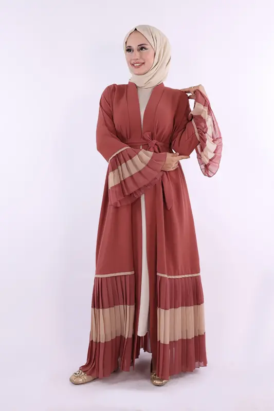 Ikki rangli kamarli belbog'li burmali abaya 7454 Gul kurusi - 3