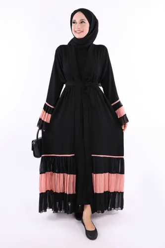 Ikki rangli kamarli, burmali abaya 7454 Qora-Pudar 