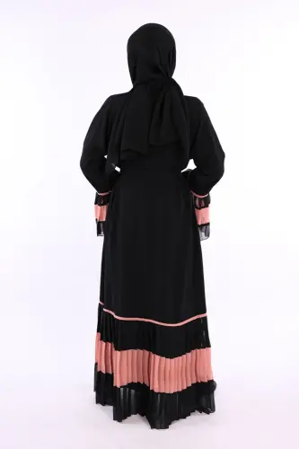 Ikki rangli kamarli, burmali abaya 7454 Qora-Pudar - BYM FASHION (1)