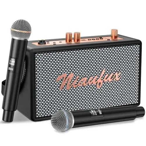 Ikki simsiz mikrofonli retro karaoke mashinasi, kattalar va bolalar uchun ko'chma Bluetooth karnay, uy partiyalari uchun qayta zaryadlanuvchi PA tizimi, AUX/USB/TF/OTG qo'llab-quvvatlanadi, vintage dekor sovg'alari - 2