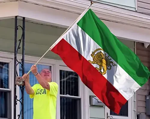 Ikkita tomonlama Eski Tarixiy Fors Eron sher quyosh bayrog'i 3x5 Ft, Canvas Header va Double Stitched - Oson namoyish uchun guruch grometlari, Eronning sobiq Fors sher quyosh va toj bayrog'i 1933–1964 - 5