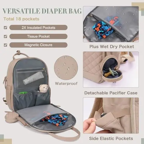 ILCOLPO Diaper Bag Backpack, Baby Diaper Bag with 18 Pockets, Large Baby Bag Backpack for Girl Boy, Waterproof Diaper Bag with Changing Pad,Wet Dry Bag, Khaki - 3
