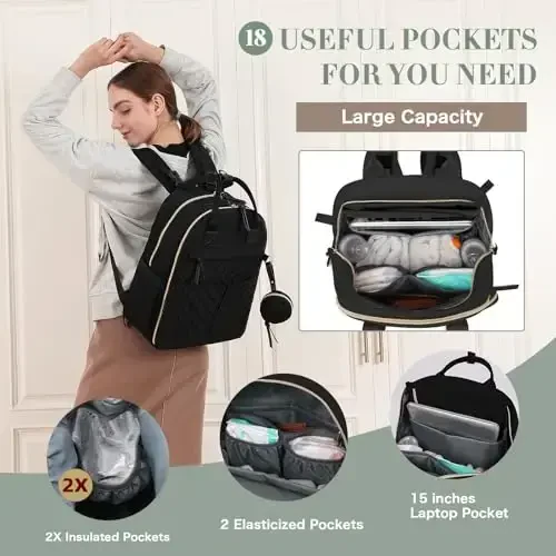 ILCOLPO Diaper Bag Backpack, Baby Diaper Bag with 18 Pockets, Large Baby Bag Backpack for Girl Boy, Waterproof Diaper Bag with Changing Pad & Wet Dry Bag, Black - 4