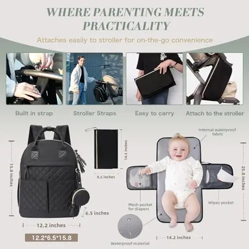 ILCOLPO Diaper Bag Backpack, Baby Diaper Bag with 18 Pockets, Large Baby Bag Backpack for Girl Boy, Waterproof Diaper Bag with Changing Pad & Wet Dry Bag, Black - 3