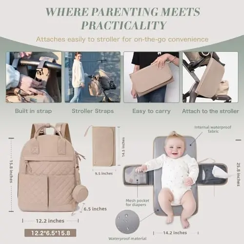 ILCOLPO Diaper Bag Backpack, Baby Diaper Bag with 18 Pockets, Large Baby Bag Backpack for Girl Boy, Waterproof Diaper Bag with Changing Pad,Wet Dry Bag, Khaki - 4