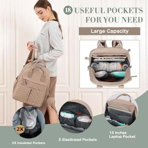 ILCOLPO Diaper Bag Backpack, Baby Diaper Bag with 18 Pockets, Large Baby Bag Backpack for Girl Boy, Waterproof Diaper Bag with Changing Pad,Wet Dry Bag, Khaki - 5