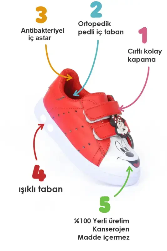 Ilk Qadam Poyafzali Qiz Bebek Ilk Qadam Poyafzali Ortopedik Ilk Qadam Poyafzali İşikli Mickey Mouse-Qizil - 3