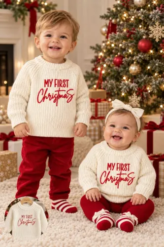 İlk Yeni Yıl Nakışlı Konsept Kız Erkek Bebek Çocuk Triko Kazak Yılbaşı Noel Kıyafeti Kostümü - Kırmızı - 1