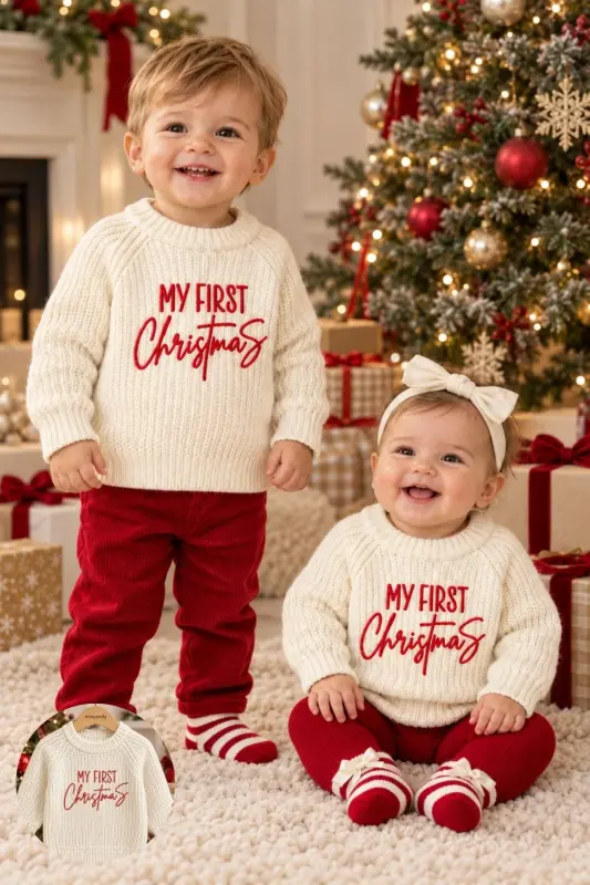 İlk Yeni Yıl Nakışlı Konsept Kız Erkek Bebek Çocuk Triko Kazak Yılbaşı Noel Kıyafeti Kostümü - Kırmızı - 1