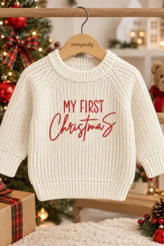 İlk Yeni Yıl Nakışlı Konsept Kız Erkek Bebek Çocuk Triko Kazak Yılbaşı Noel Kıyafeti Kostümü - Kırmızı - Minytrendy (1)